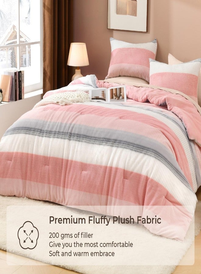 Litanika Fluffy Fleece Queen Comforter Set, Luxury Soft Plush Fuzzy Blush Stripe Bedding Comforter Sets, Warm Shaggy Faux Fur Bed Set All Season (1 Comforter, 2 Pillowcases) - Image 3