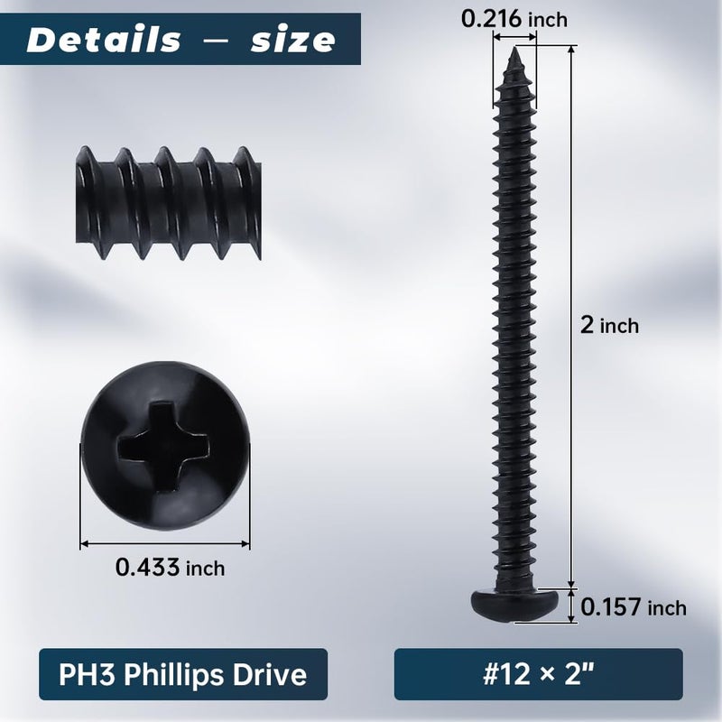 Glvaner #12 x 2 inch Phillips Pan Head Self Tapping Screws for Wood, Black Coated, 304 Stainless Steel 18-8, Round Head Sheet Metal Tek Screws, 30 pcs - Image 3