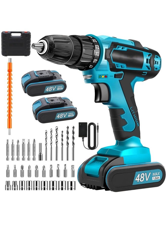 Favarey Cordless Drill Set, 48V Electric Drill with Drill/Screwdriver Bits, 3/8-Inch Keyless Chuck, 2 Variable Speeds, 25+1 Torque Setting Battery Power Drilling Driver for Plastic, Wood, Metal, Screws - Image 1