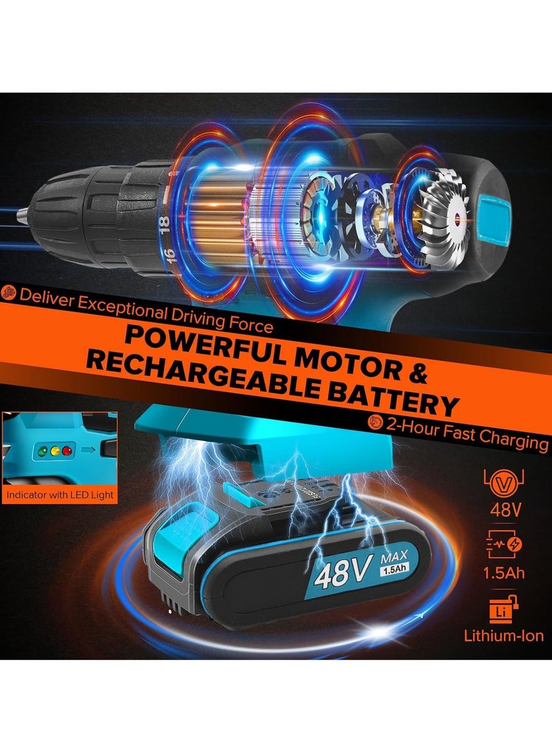 Favarey Cordless Drill Set, 48V Electric Drill with Drill/Screwdriver Bits, 3/8-Inch Keyless Chuck, 2 Variable Speeds, 25+1 Torque Setting Battery Power Drilling Driver for Plastic, Wood, Metal, Screws - Image 4