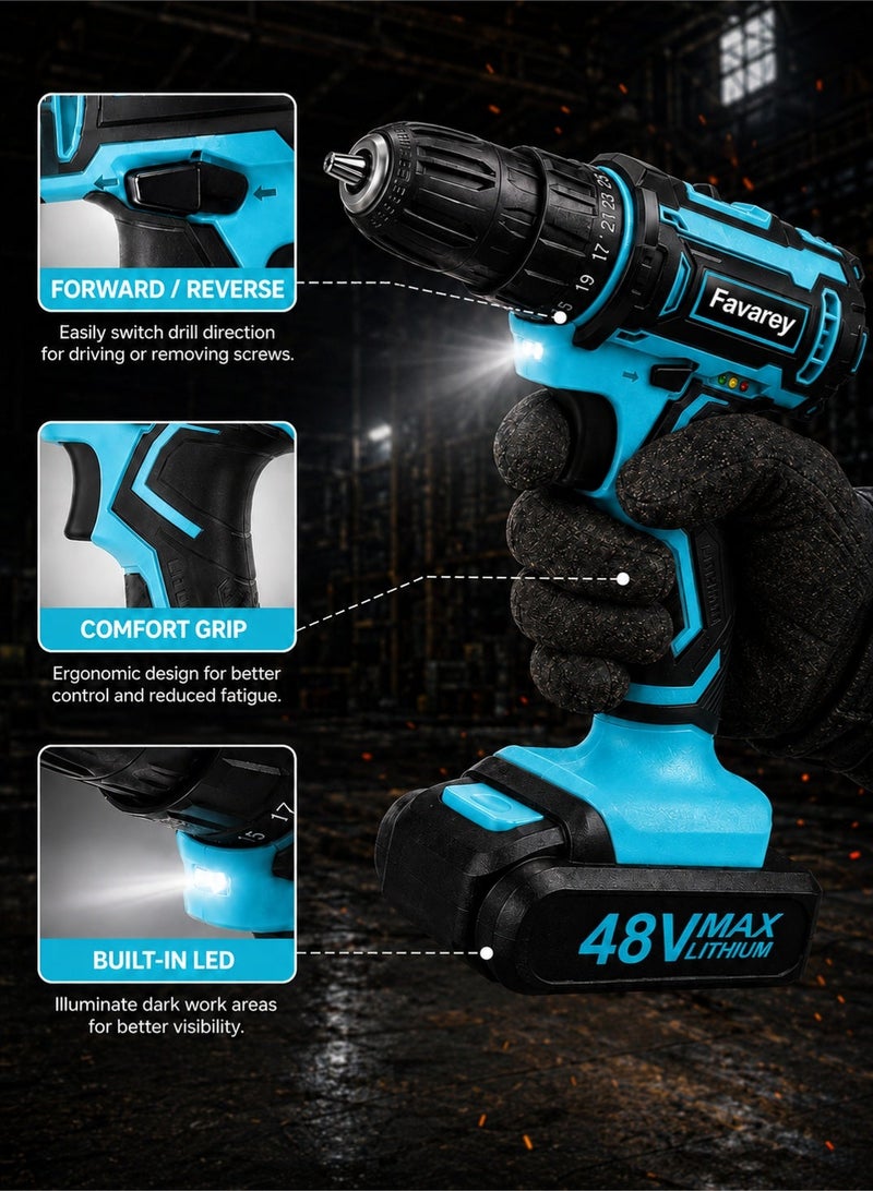 Favarey Cordless Drill Set, 48V Electric Drill with Drill/Screwdriver Bits, 3/8-Inch Keyless Chuck, 2 Variable Speeds, 25+1 Torque Setting Battery Power Drilling Driver for Plastic, Wood, Metal, Screws - Image 3