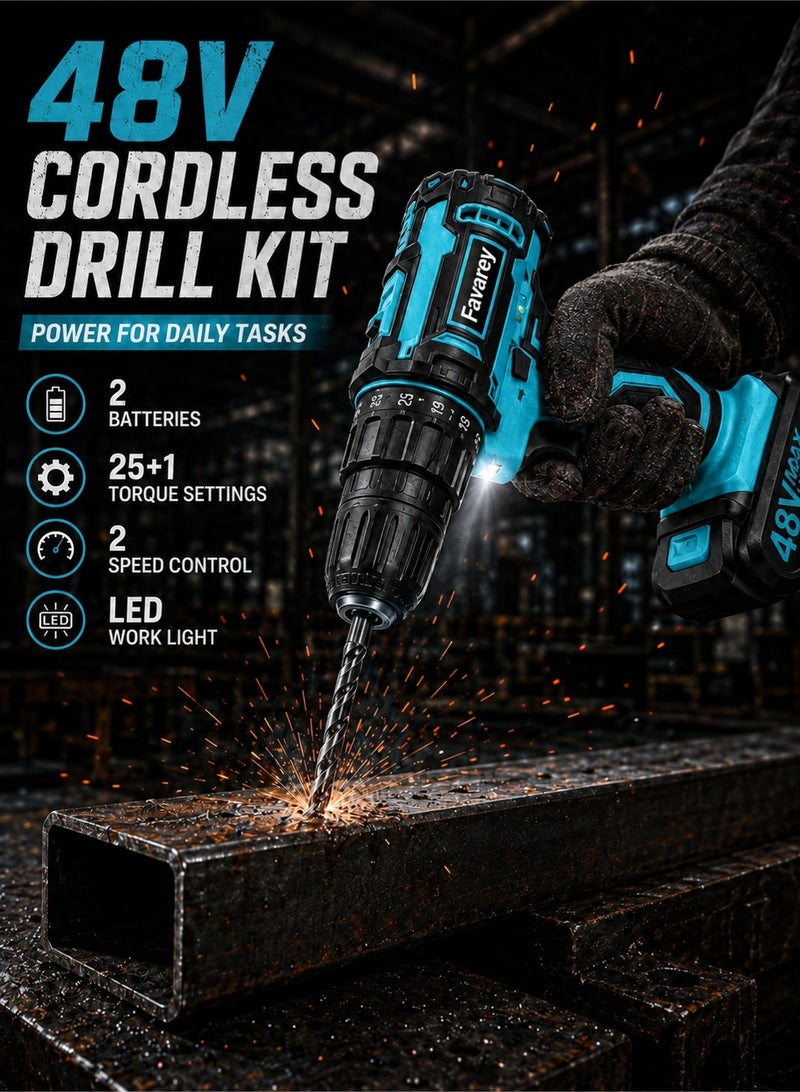 Favarey Cordless Drill Set, 48V Electric Drill with Drill/Screwdriver Bits, 3/8-Inch Keyless Chuck, 2 Variable Speeds, 25+1 Torque Setting Battery Power Drilling Driver for Plastic, Wood, Metal, Screws - Image 2