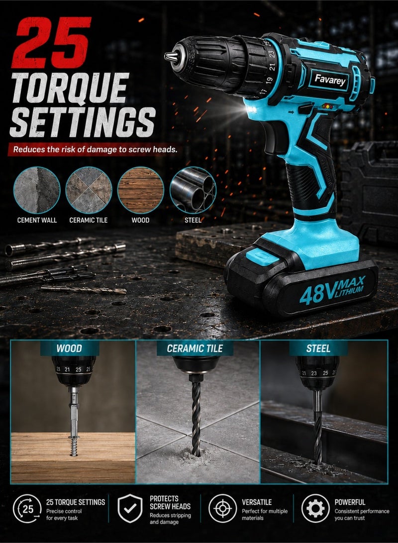 Favarey Cordless Drill Set, 48V Electric Drill with Drill/Screwdriver Bits, 3/8-Inch Keyless Chuck, 2 Variable Speeds, 25+1 Torque Setting Battery Power Drilling Driver for Plastic, Wood, Metal, Screws - Image 5