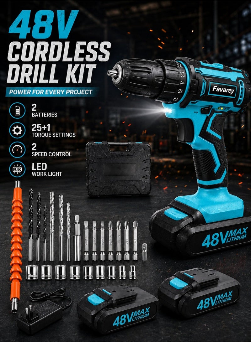 Favarey Cordless Drill Set, 48V Electric Drill with Drill/Screwdriver Bits, 3/8-Inch Keyless Chuck, 2 Variable Speeds, 25+1 Torque Setting Battery Power Drilling Driver for Plastic, Wood, Metal, Screws - Image 1