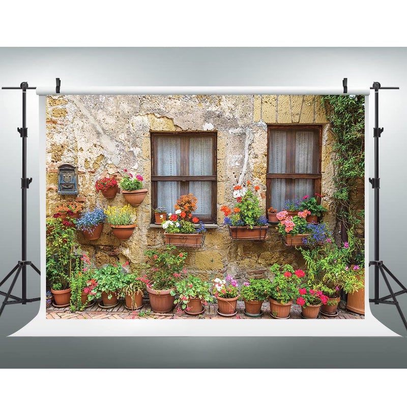 EOA 7W x5H FT Italian Tuscan Street Old Wall Flower Backdrop for Photography Italy Old City Town Medieval Architecture Summer Background for Wedding Birthday Grand Events Photo Booth Props