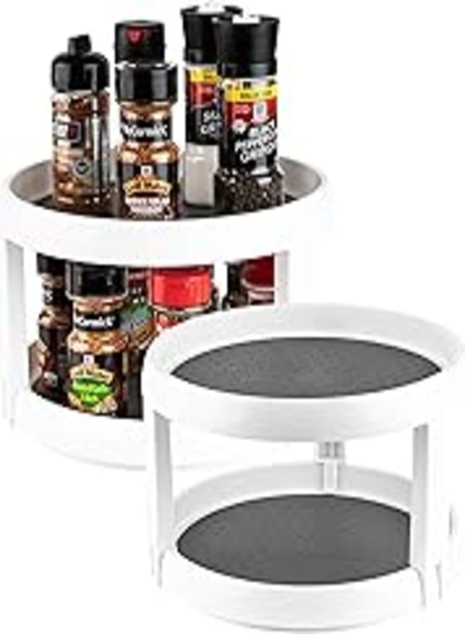 Homeries 2-Tier Lazy Susan Turntable - Tiered Rotating Kitchen Spice Organizer for Cabinets, Pantry, Bathroom, Refrigerator - Non-Skid Surface & Rimmed Edge (Pack of 2)