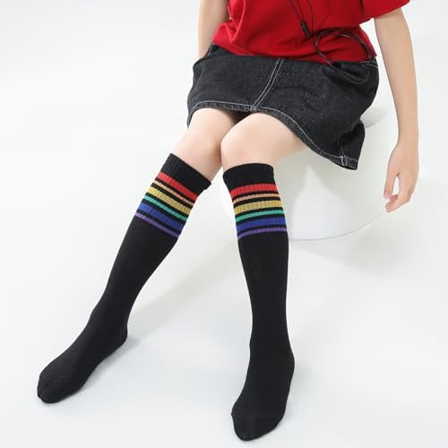 TOCONFFON Knee High Tube Socks for Boys Girls Teens, Kids Soccer School Cotton Uniform Sports Socks 3,4 Pairs(Rainbow Stripe 4 Pairs,8-12) - Image 5