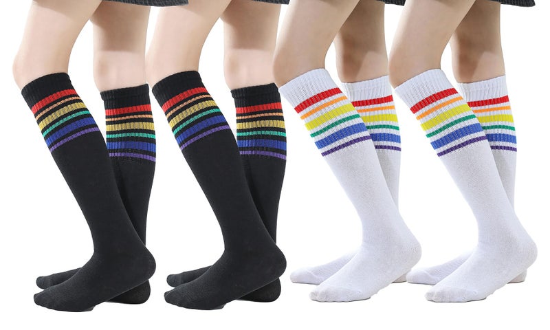 TOCONFFON Knee High Tube Socks for Boys Girls Teens, Kids Soccer School Cotton Uniform Sports Socks 3,4 Pairs(Rainbow Stripe 4 Pairs,8-12) - Image 1