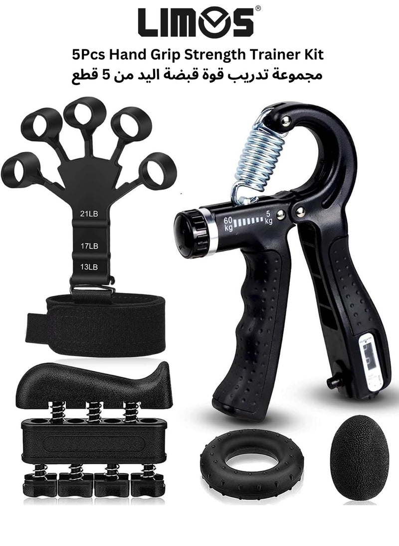 LIMOS Hand Grip Strengthener, 5Pcs Grip Strength Trainer Kit with Finger Exerciser, Hand Extension Exerciser, Stress Relief Ball and Forearm Workout Ring for Muscle Building and Injury Recover  - Image 1