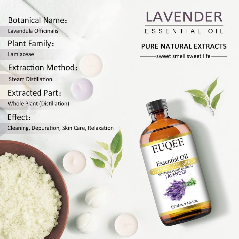 EUQEE Lavender Essential Oil 118mL Pure Lavender Oil Large Capacity Essential Oil with Glass Dropper for Diffuser, DIY Candle - 4Fl. Oz - Image 2