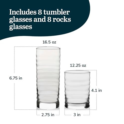 Libbey Pueblo Tumbler and Rocks Glass Set, Wavy and Groovy Drinking Glasses Set, Dishwasher Safe Glasses Drinking Set of 16 for Everyday Family Meals - Image 3