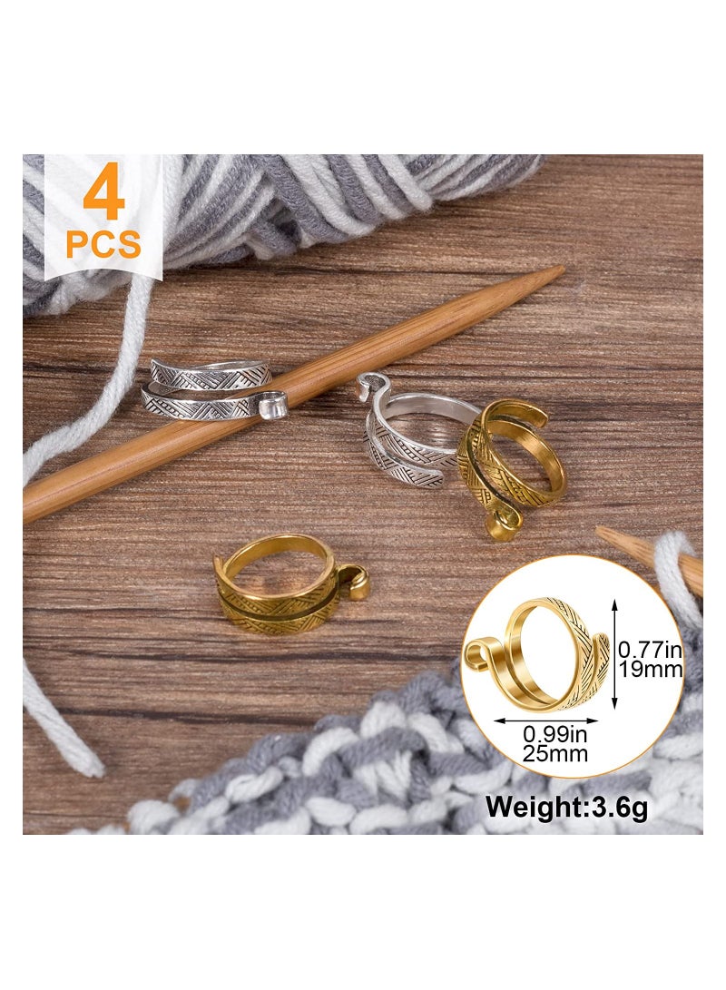 SOLARAE 4 Pack Knitting Crochet Loop Ring for Fingers, Adjustable Crochet Tension Ring, Metal Open Yarn Guide Finger Holders, Knitting Thimbles for Crochet- 2 Gold & 2 Silver - Image 2