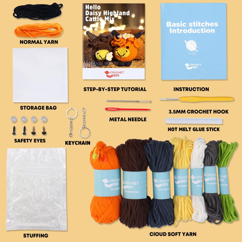CrochetBox Crochet Kit for Beginners - 2 PCS Highland Cow Keychain Crochet Kit, Learn to Crochet, Include Easy Knitting Yarn, Step-by-Step Video Tutorial, Hook, Holiday Birthday Gift for Adults - Image 3