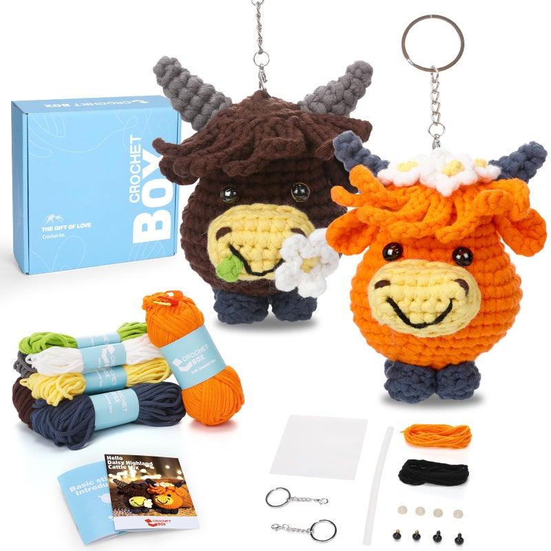 CrochetBox Crochet Kit for Beginners - 2 PCS Highland Cow Keychain Crochet Kit, Learn to Crochet, Include Easy Knitting Yarn, Step-by-Step Video Tutorial, Hook, Holiday Birthday Gift for Adults - Image 1