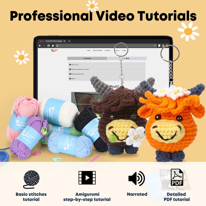 CrochetBox Crochet Kit for Beginners - 2 PCS Highland Cow Keychain Crochet Kit, Learn to Crochet, Include Easy Knitting Yarn, Step-by-Step Video Tutorial, Hook, Holiday Birthday Gift for Adults - Image 4