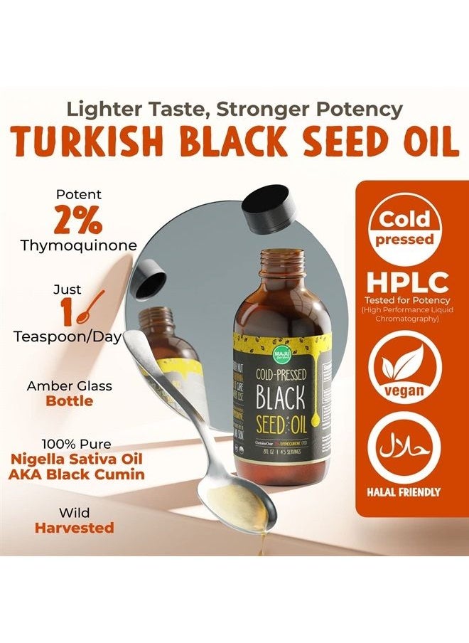 Maju Superfoods - MAJU Black Seed Oil - 3 Times Thymoquinone, Cold-Pressed, 100% Turkish Black Cumin Seed Oil, Liquid Pure Blackseed Oil, Glass Bottle, 8 oz - Image 1