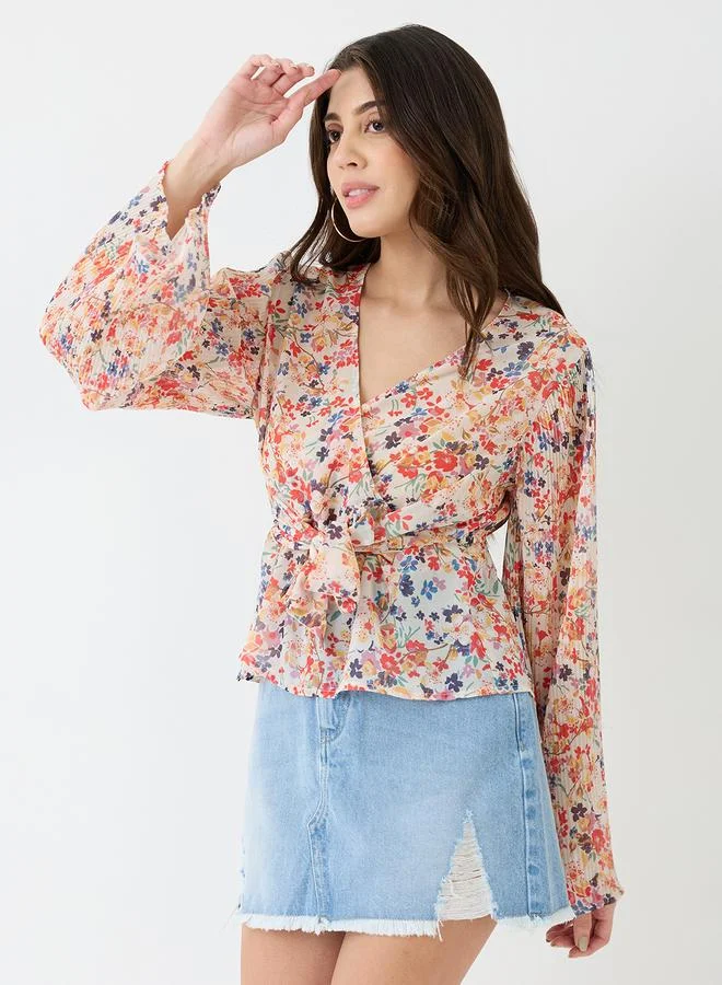 جلو باص بلوزة بنمط لف وطبعة زهور