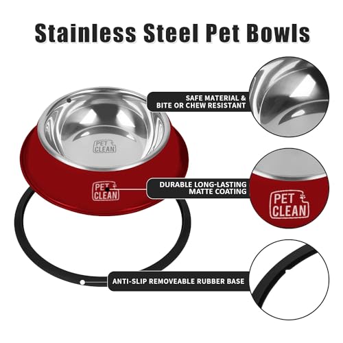 Pet Clean Stainless Steel Dog Bowl, Large Size Dog Food Bowl with Rubber Base for Dogs & Cats, 1400ml (Set of 2, Red) - Image 2