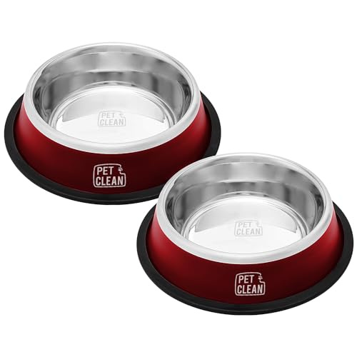 Pet Clean Stainless Steel Dog Bowl, Large Size Dog Food Bowl with Rubber Base for Dogs & Cats, 1400ml (Set of 2, Red) - Image 1
