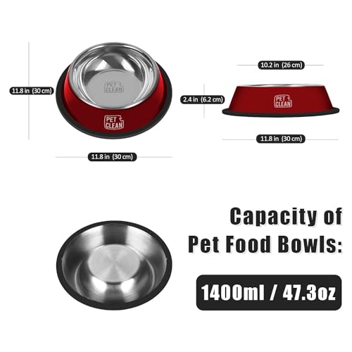 Pet Clean Stainless Steel Dog Bowl, Large Size Dog Food Bowl with Rubber Base for Dogs & Cats, 1400ml (Set of 2, Red) - Image 4