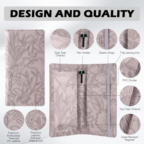 Pisypox Checkbook Cover for Personal Checkbook，Soft PU leather with a detailed embossed flower pattern，with Pen Holder & Built-in Clear Plastic Divider for Duplicate Checks - Image 3