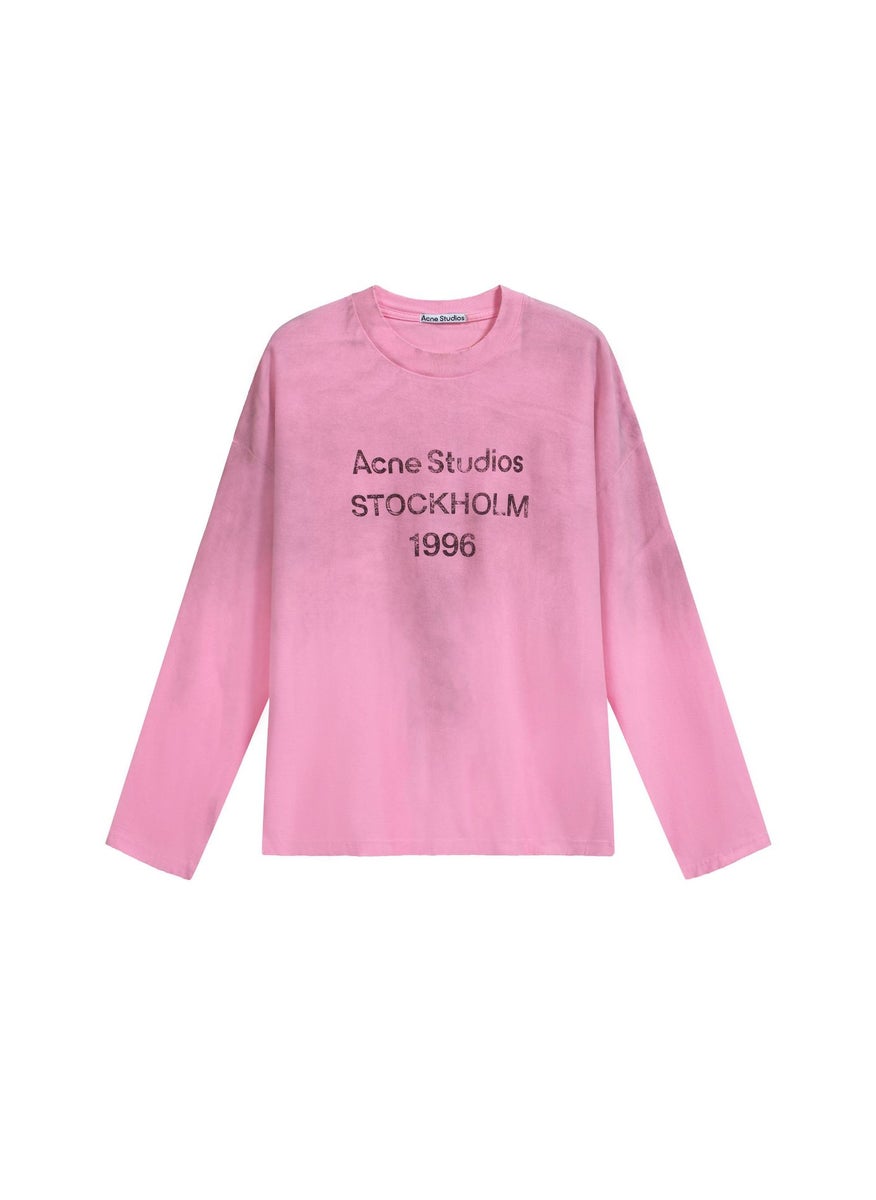 Generic - Vintage Logo Letter Print Long Sleeve T-Shirt Base Shirt Correct Edition AC Spring Summer 1996 Distressed Cotton Top for Youth Pink - Image 1