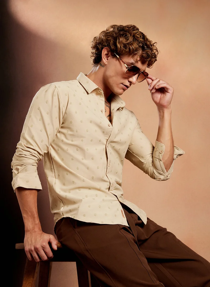 Campus Sutra Men's Sand Beige Polka-Tactile Shirt