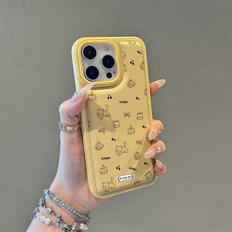Apple iPhone 15 Pro Max Phone Case, TPU Shockproof, Stylish, Creative Cherry Fishbone Bow Kitten Drop-Proof Leather Texture Phone Case (Light Yellow)
