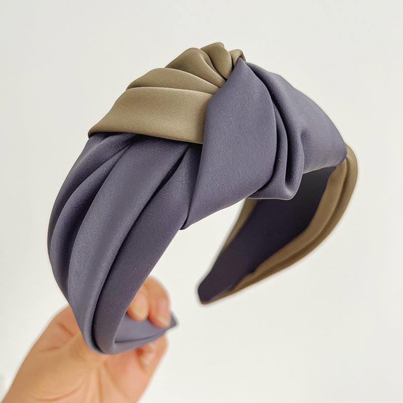 Loquat Temperament Simple Middle Knot High-grade Sense Satin Hair Band Color Matching Wide Edge Pressure Hair High Cranial Top All-match Head Band R493 Gray + green color matching knotted hairband