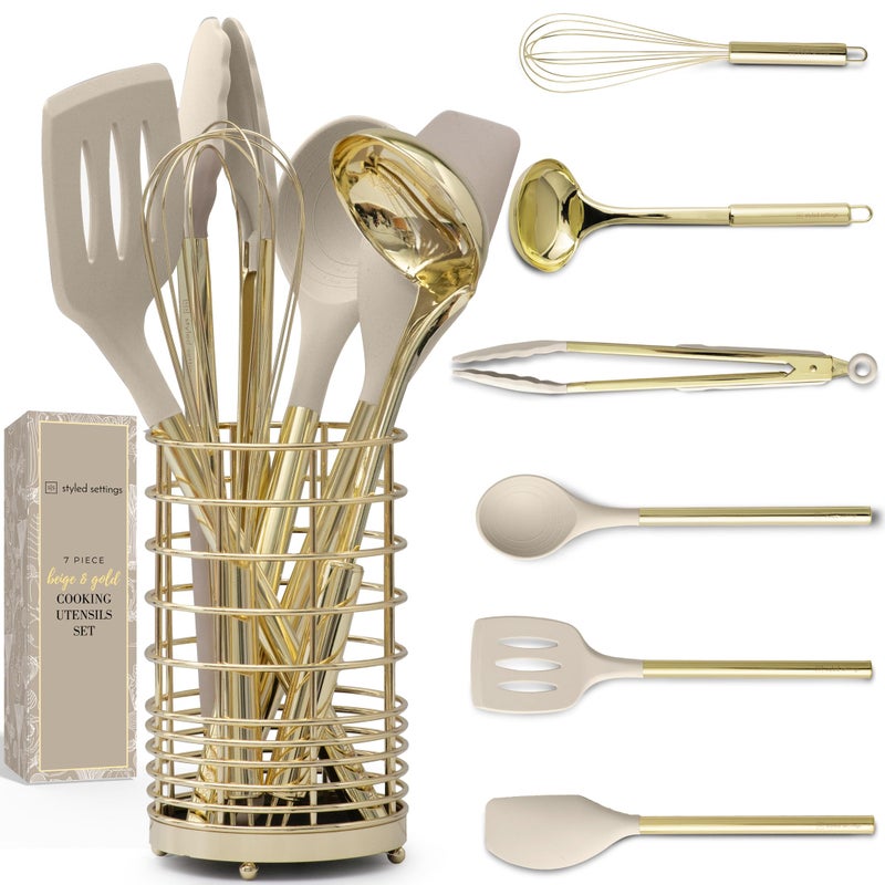 7Piece Beige Gold Kitchen Utensils Set NonToxic Silicone Stainless Steel Tools for Cooking Serving Hosting Ideal for Nonstick Cookware Modern Kitchens with Gold Utensil Holder