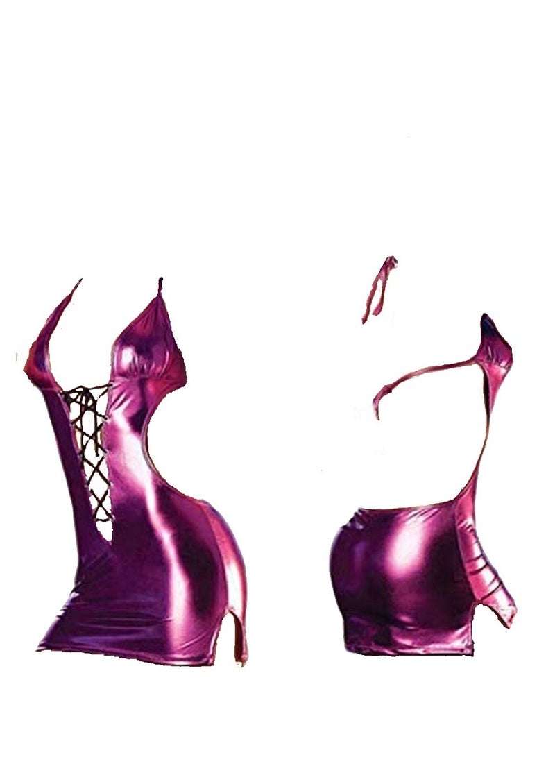 Women PU Leather Sleeveless Cut Out Criss Cross Back Party Mini Cami Dress. - Image 1