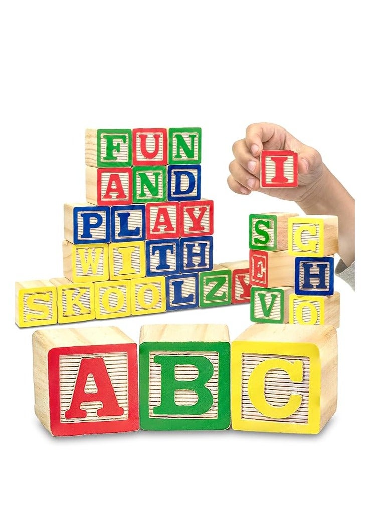 Skoolzy 27 Wood Alphabet Blocks Stacking ABC Letter Colours Wooden Blocks For Toddlers  - Image 1