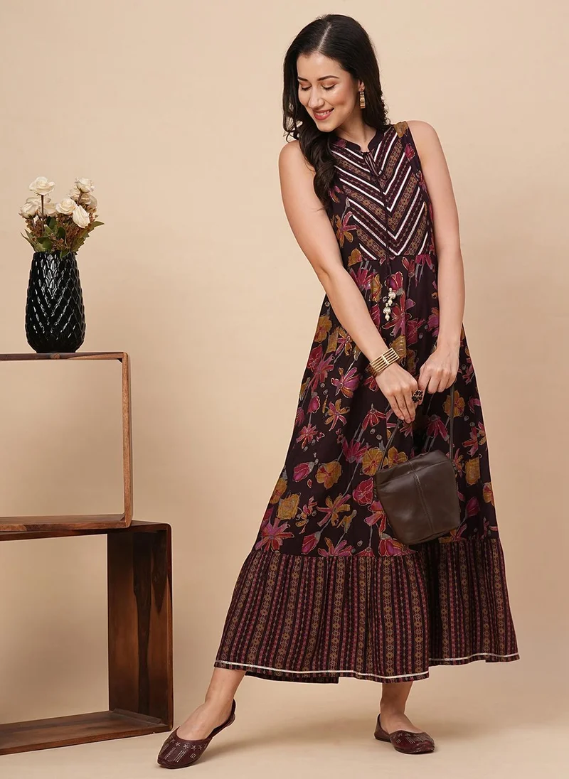 Globus Globus Women's Dark Brown Floral Gold Foil Print Ethnic Maxi Dress with Mandarin Neck and Tie Up Detail