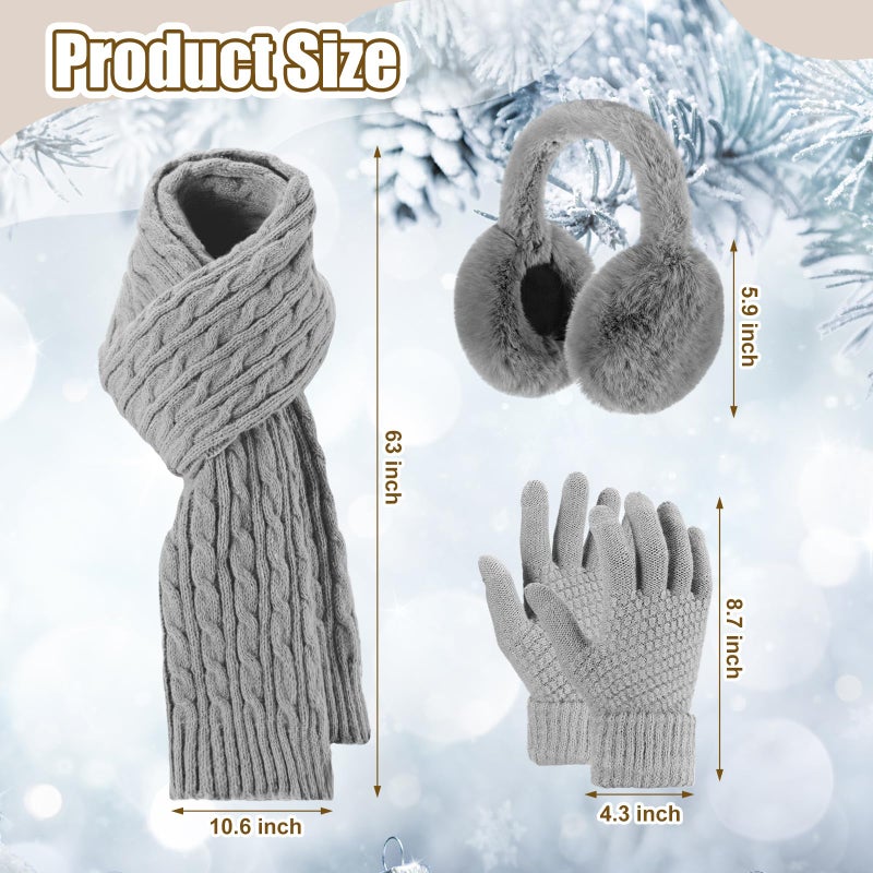 ShinyMatch 12 Pcs Winter Hat Gloves Scarf Earmuff Set Beanie Pompom Fleece Lining Hat Touch Screen Gloves Knitted Scarf(Beige, Pink,Gray,Classic Style) - Image 4