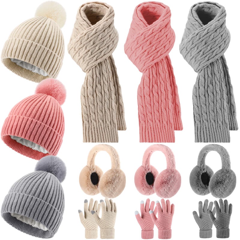 ShinyMatch 12 Pcs Winter Hat Gloves Scarf Earmuff Set Beanie Pompom Fleece Lining Hat Touch Screen Gloves Knitted Scarf(Beige, Pink,Gray,Classic Style) - Image 1