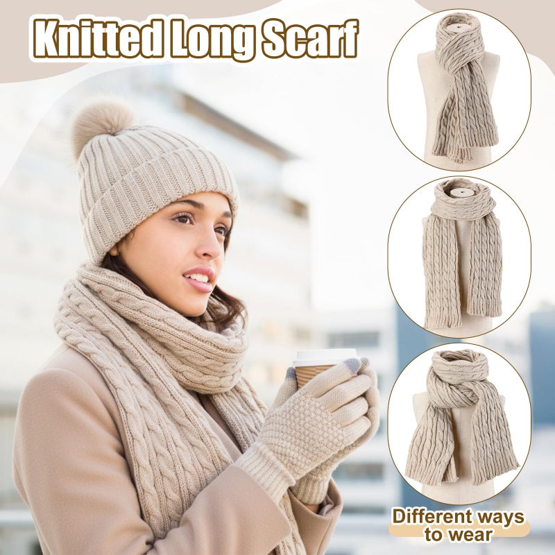 ShinyMatch 12 Pcs Winter Hat Gloves Scarf Earmuff Set Beanie Pompom Fleece Lining Hat Touch Screen Gloves Knitted Scarf(Beige, Pink,Gray,Classic Style) - Image 3