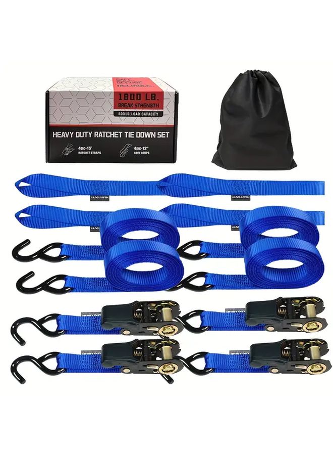4pcs Heavy Duty Ratchet Tie Down Straps 15ft 1800lb Break Strength Blue - Image 2