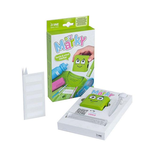 Mine Stamp Marky DIY Textile and School Name Stamp, Dermatologically Tested Ink, With Type Set, CO2-Neutral Production, 3 Years+, Green - 24 Pieces - Image 1