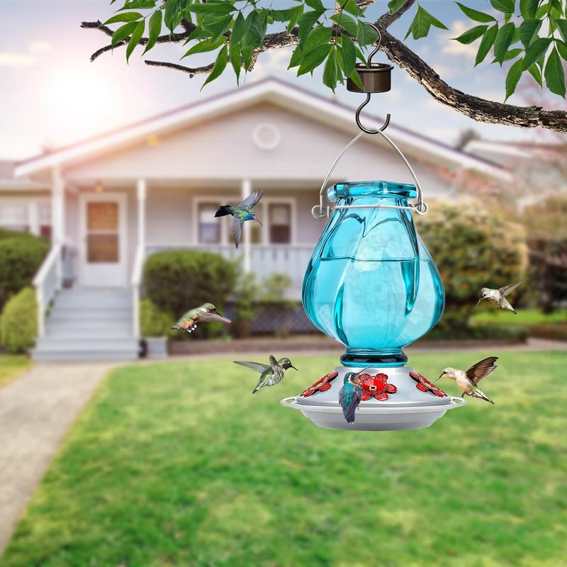 BOLITE Hummingbird Feeder, BOLITE Glass Hummingbird Feeders for Outdoors Hanging, with Ant Moat and Five Feeding Ports, 22 Ounces, Leak Proof, Blue Bottle - Image 2