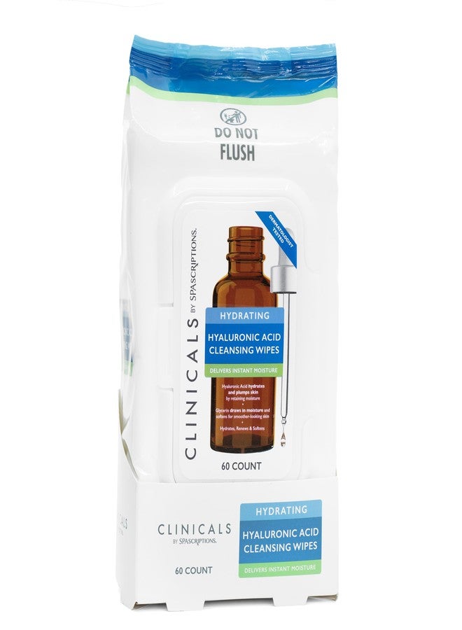 SpaScriptions Clinicals Hyaluronic Acid Cleansing Facial Wipes - Hydrating & Moisturizing Makeup Remover Wipes with Glycerin for Smoother & Softer Looking Skin, Daily Use Face Wipes, 1-Pack (60 ct)