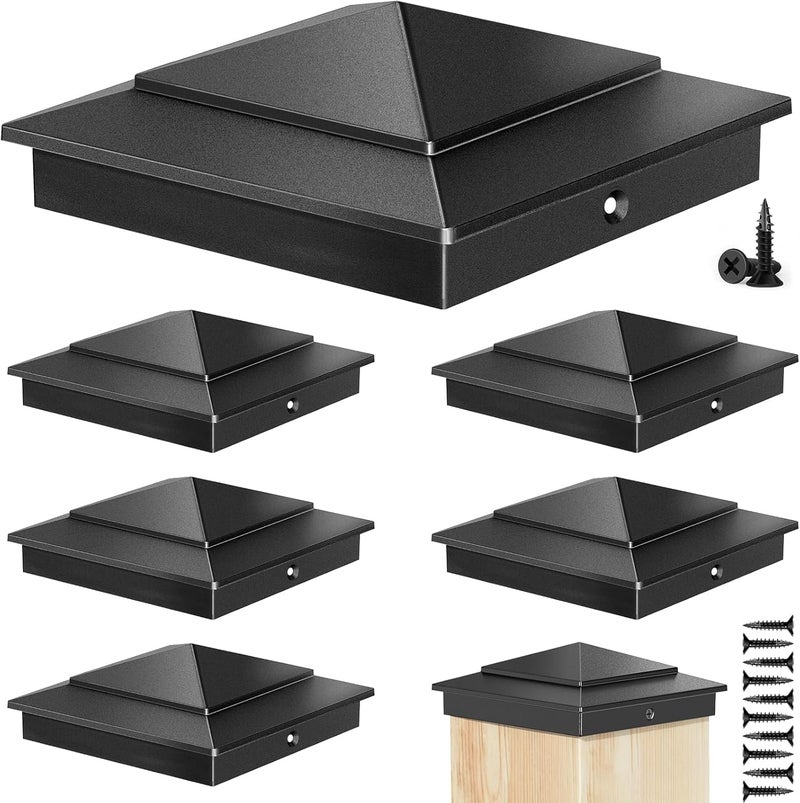 toscoco 4 x 4 Ultra Durable Aluminum Pyramid Post Caps Fits Actual 3.5" x 3.5" Wood Posts, Fence Post Cap Cover for Outdoor Cedar Fences Decks Mailbox Posts, 6 Pack - Black - Image 1