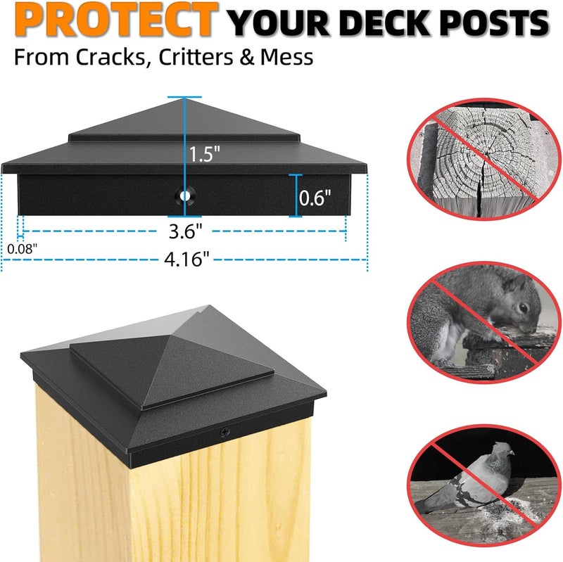 toscoco 4 x 4 Ultra Durable Aluminum Pyramid Post Caps Fits Actual 3.5" x 3.5" Wood Posts, Fence Post Cap Cover for Outdoor Cedar Fences Decks Mailbox Posts, 6 Pack - Black - Image 3