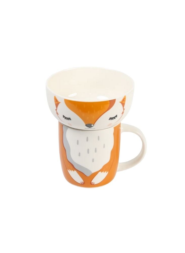 Fox Print Ceramic Mug with Bowl Cute Animal Cup - Image 1