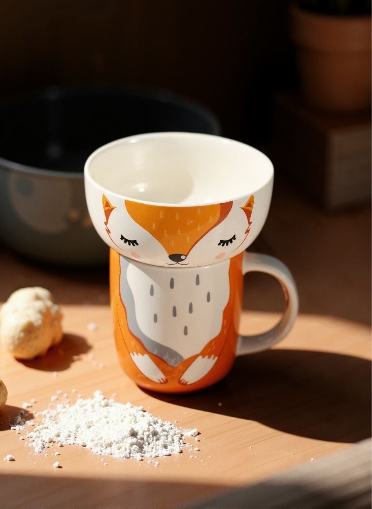Fox Print Ceramic Mug with Bowl Cute Animal Cup - Image 3