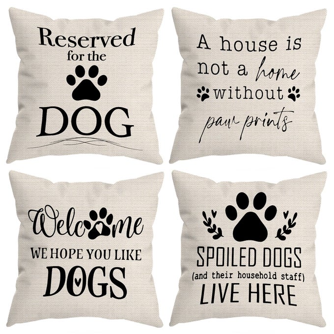 RESERVED FOR THE DOG DECORATIVE THROW PILLOW COVER FUNNY DOG GIFTS FOR WOMEN LOVERS WELCOME WE HOPE YOU LIKE DOGS QUOTES PILLOW COVERS 18 X 18 INCH ROOM BED SOFA DECOR SET OF 4