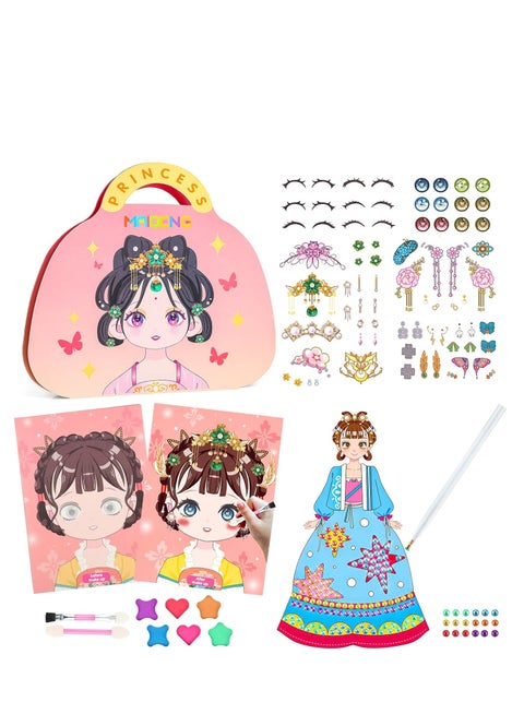 نشاط فني يدوي للأطفال، مجموعات حرفية ورقية - مجموعة ألعاب مكياج ورقية للبنات مع لوحة ماسية ومجموعة ملابس الأميرة، هدية حفلة عيد ميلاد للفتيات
