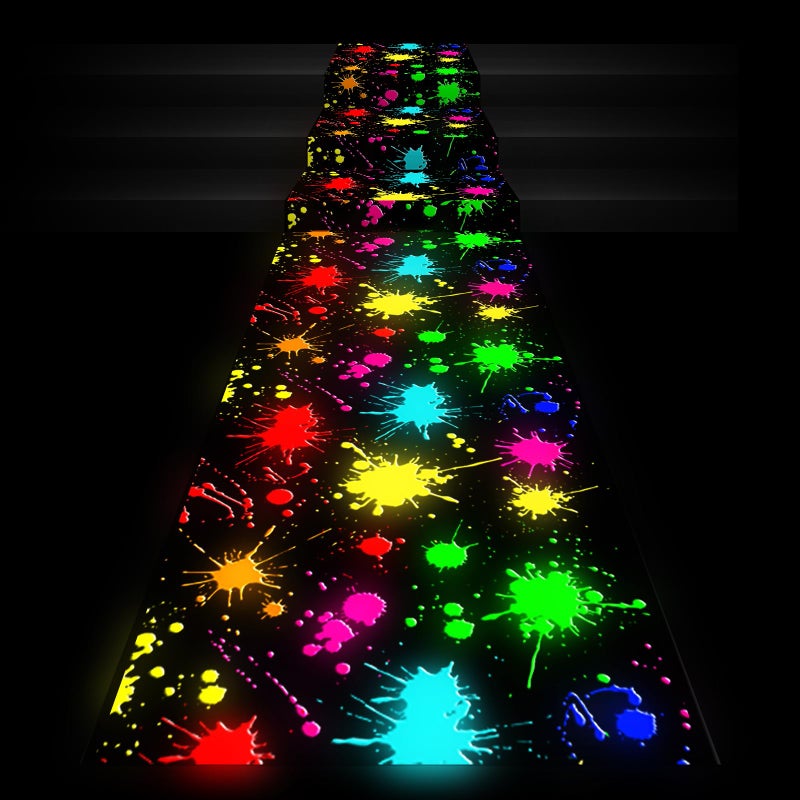 Haull 118 x 39 Inch Neon Light up Dance Floor Glow in The Dark Runner Rug UV Reactive Blacklight Rug Colorful Fluorescent Aisle Runners for 80s 90s Neon Birthday Party Decorations(Paint Splatter) - Image 1