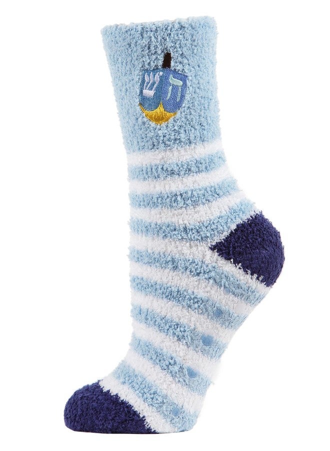 MeMoi Striped Dreidel Embroidery Cozy Holiday Crew Socks Light Blue One Size - Image 2