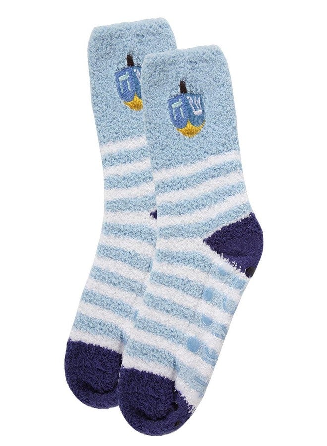 MeMoi Striped Dreidel Embroidery Cozy Holiday Crew Socks Light Blue One Size - Image 4