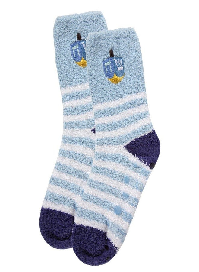 MeMoi Striped Dreidel Embroidery Cozy Holiday Crew Socks Light Blue One Size - Image 5